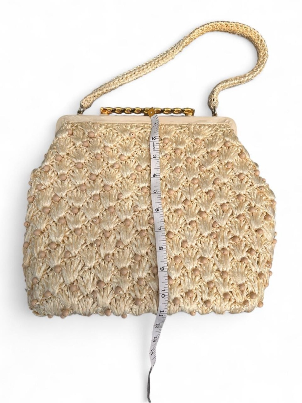 Vintage Cream Woven Beaded Raffia Hinge Handbag Ivory Bridal Beach Accessory 60s - Picture 4 of 7
